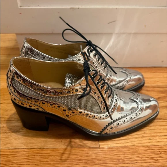 Stylish Silver Women's Brogue Loafers - Picture 2 of 10